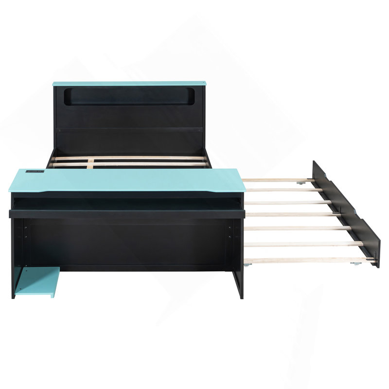 Lit de jour simple avec lit gigogne, bureau, lumière DEL et USB, noir, bleu, Complet/Double, Noir / Bleu