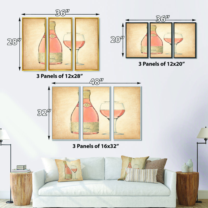 Glam Sparkling Rose Wine - 3 pièces, reproduction sur toile, L 36 po x H 28 po, Cadre brun