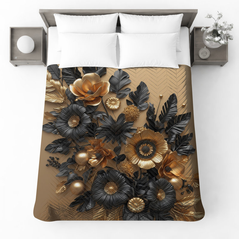 Couvre-lit matelassé à motif floral doré noir toutes tailles, Double
