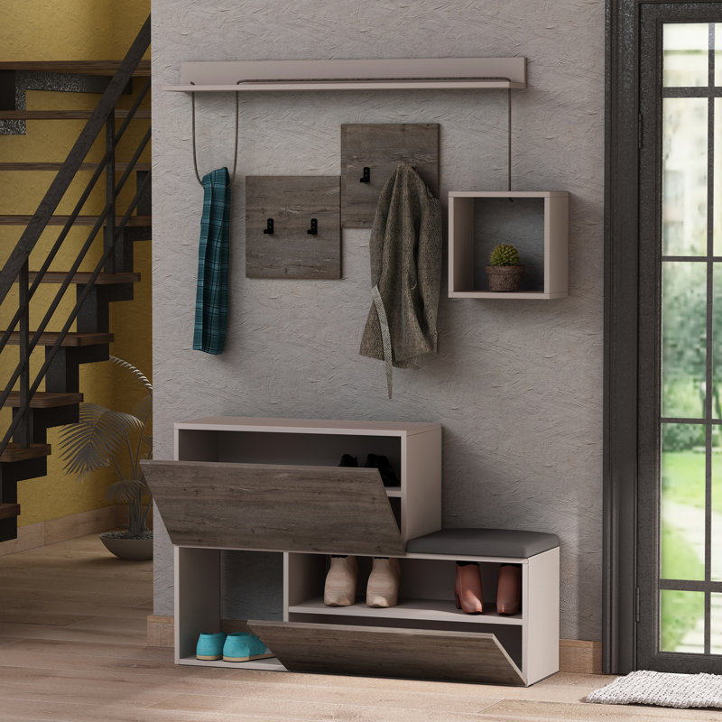 Hall Tree Bench with Shoe Storage and Coat Hooks, Light Mocha/Dark Coffee