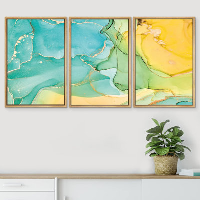 «Bleu sarcelle, vert et jaune, aquarelle, collage, formes abstraites, illustrations, art moderne et chic multicolore», 3 pièces