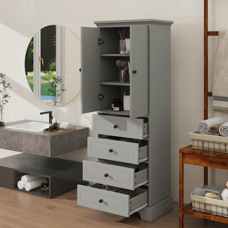 Armoire de rangement chic avec 2 portes et 4 tiroirs pour la salle de bain et le bureau, Gris