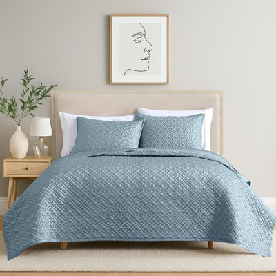 Ensemble de couvre-lit 3 pièces Keo, réversible, taies décoratives, tissu soyeux bleu ciel