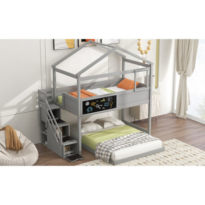 Lit superposé simple au-dessus d'un lit double gris avec capacité de rangement et escalier pratique