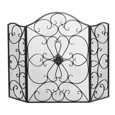 Bratches Black Metal Foldable 3 Panel Scroll Fireplace Screen with Mesh Netting