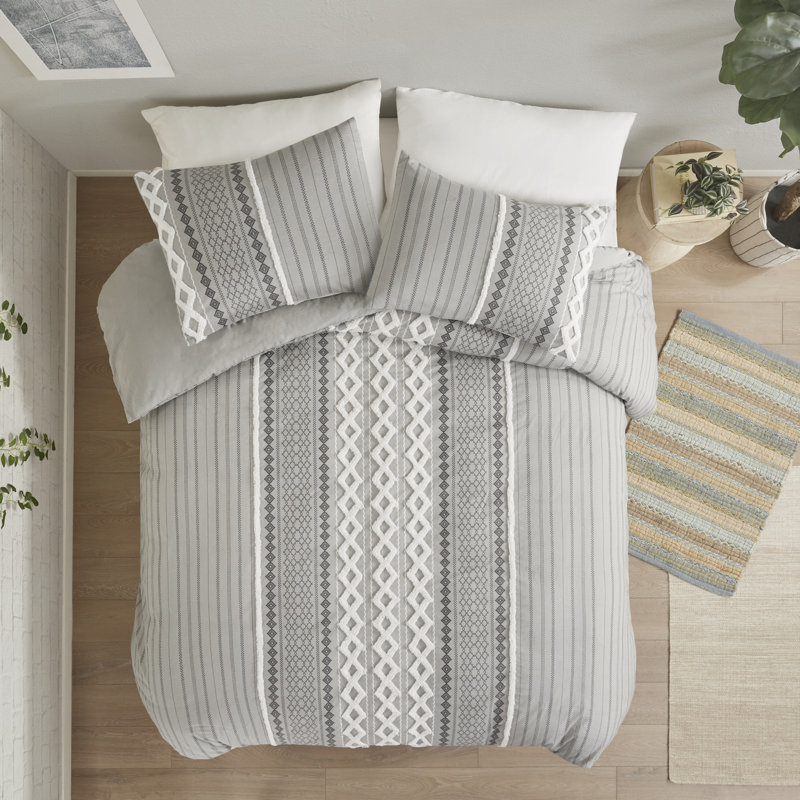 Gray Full Cotton Reversible Comforter Set with Chenille