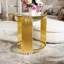 Table de bout moderne en verre transparent pour salon, ronde, métal asymétrique, finition dorée et tablette inférieure, 19,8 po-1266763862
