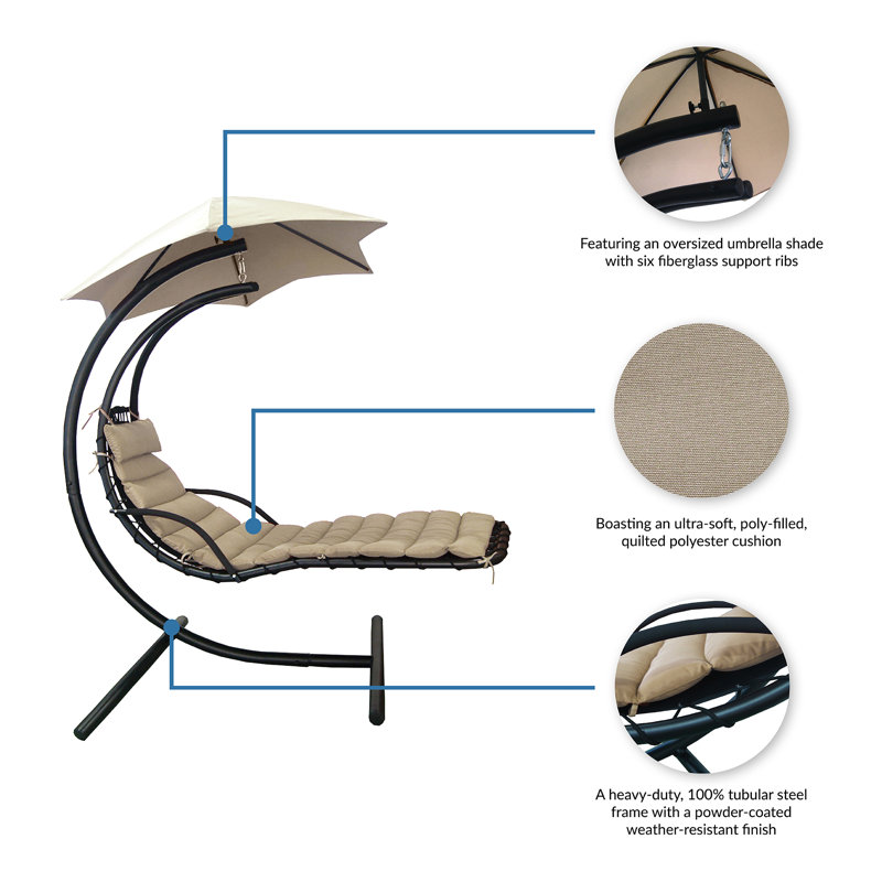 Khaki Hanging Chaise Lounge Chair with Cushions and Umbrella