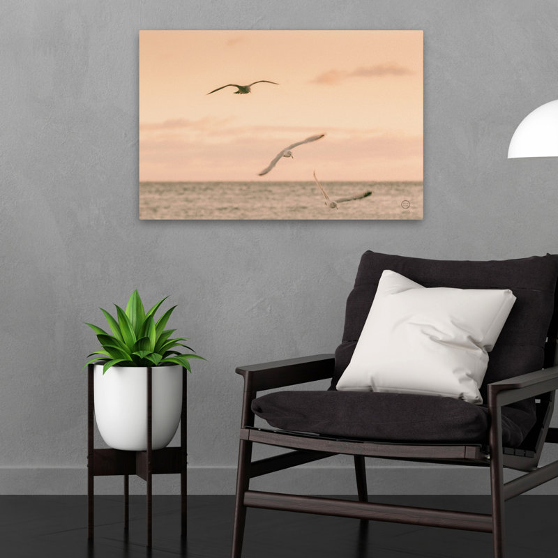 Coucher de soleil sur les côtes, bleu, nuage, oiseau gris, H 24 po x l 16 po