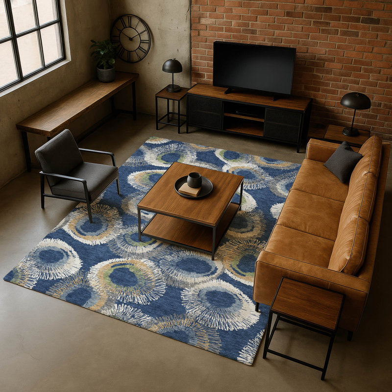 Premium Machine Washable Mayfield AMF2278 Geometric Rug, Navy, 5' x 7'6"