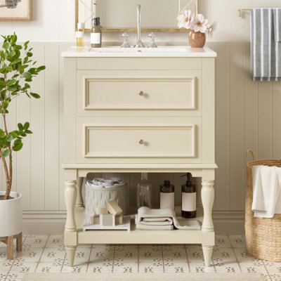 24'' Bathroom Vanity With Ceramic Sink, Retro Design Storage Cabinet, Open Shelf For Modern And Elegant Bathrooms