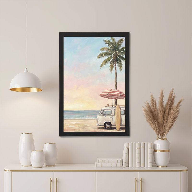 Tableau sur toile représentant une scène de plage avec palmier et camionnette vintage (lot de 1), H 30 po x l 20 po