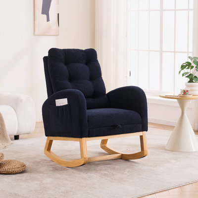 Fauteuil à bascule décoratif avec repose-pieds et pochette de rangement, chaise berçante à haut dossier bleu marine profond, siège en bois d'hévéa pour chambre de bébé, l 38,36 po x P 26,77 po x H 39,76 po