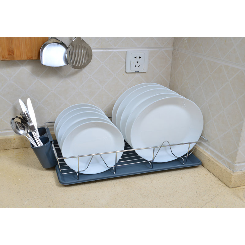 Gray Chrome Dish Rack with Tray and Utensil Holder