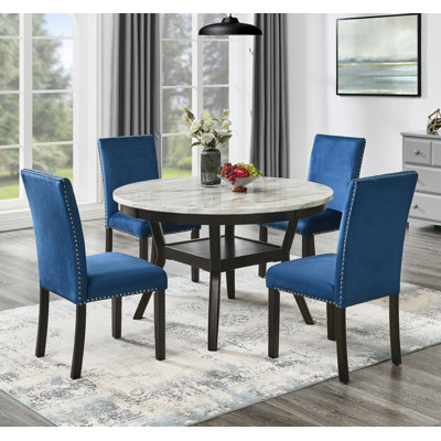 5-Piece Mella Dining Set - Round Faux Marble Table with 4 Blue Velvet Parsons Chairs, Dark -  Corrigan Studio®, 001C807F0B5B467AA8B6A32AE10A97B7