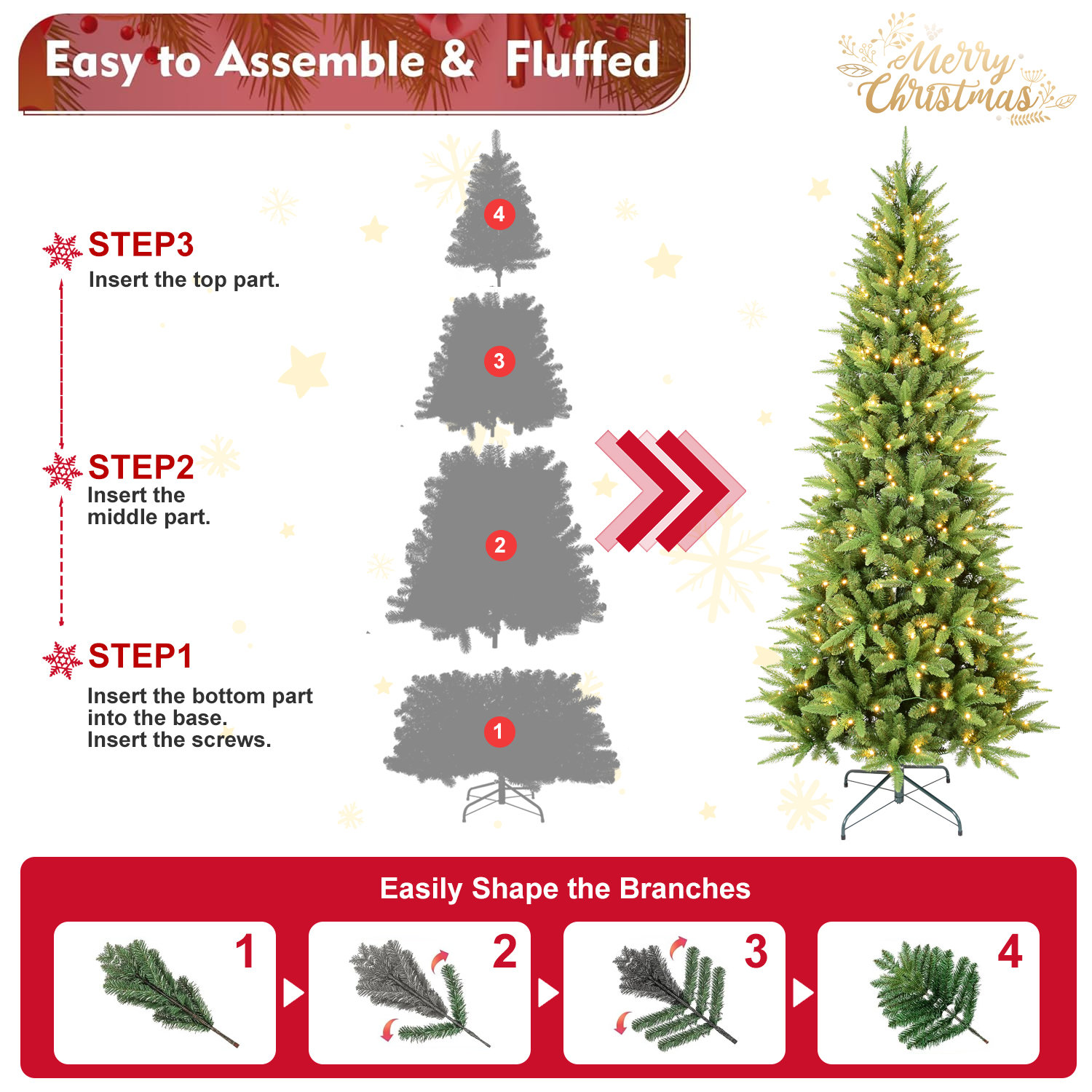 Pre-lit Christmas Tree, Slim Artificial Frosted Tree with Warm Lights & Metal Base for Home Holiday Decor , 8'