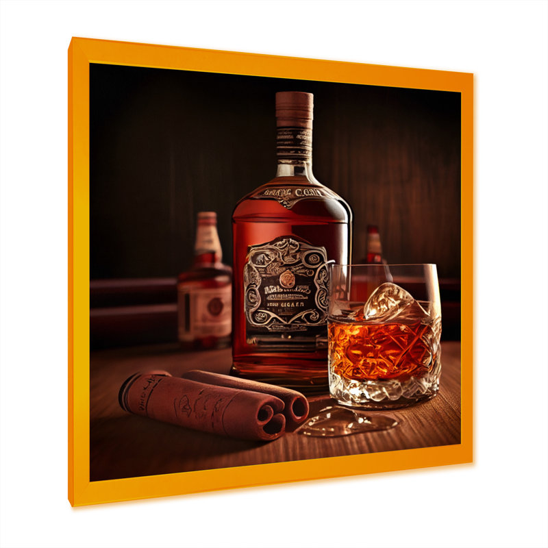 Whiskey with Cigars I - reproduction d'art sur toile, L 36 po x H 36 po, Impression dorée sur toile encadrée
