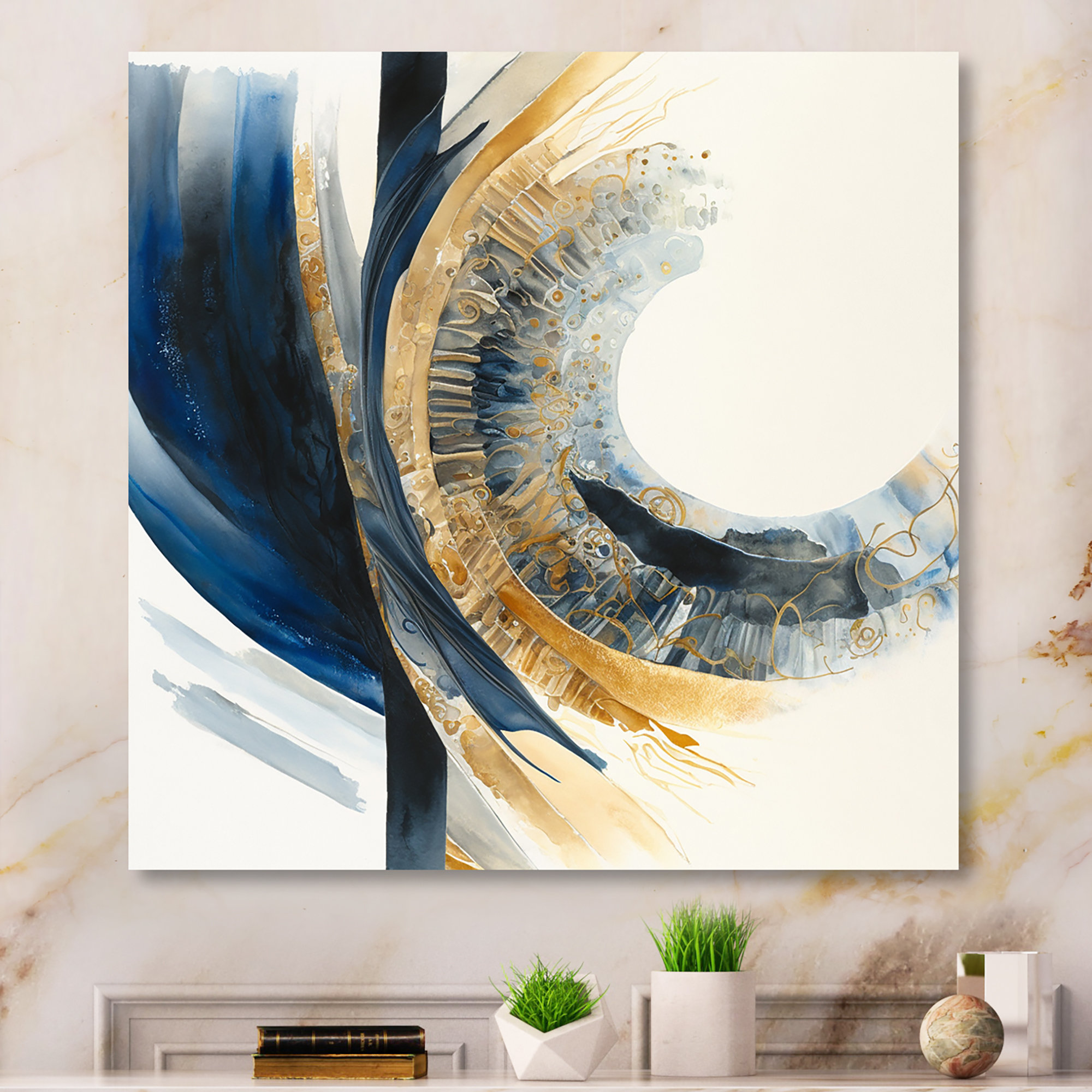 Orren Ellis Blue And Gold Swirl Abstract IV - Modern Canvas Wall Art ...