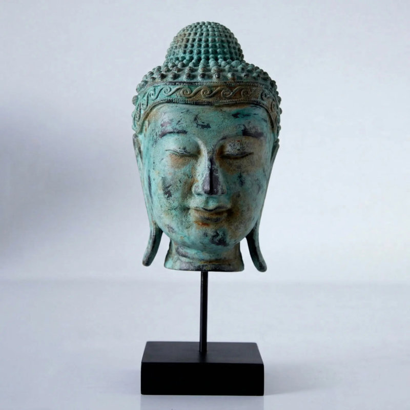 Ancient Buddha Head on Stand Statue