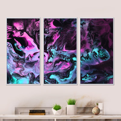 Neon Green And Pink Liquid Art - 3 Piece Floater Frame Painting Set on Canvas