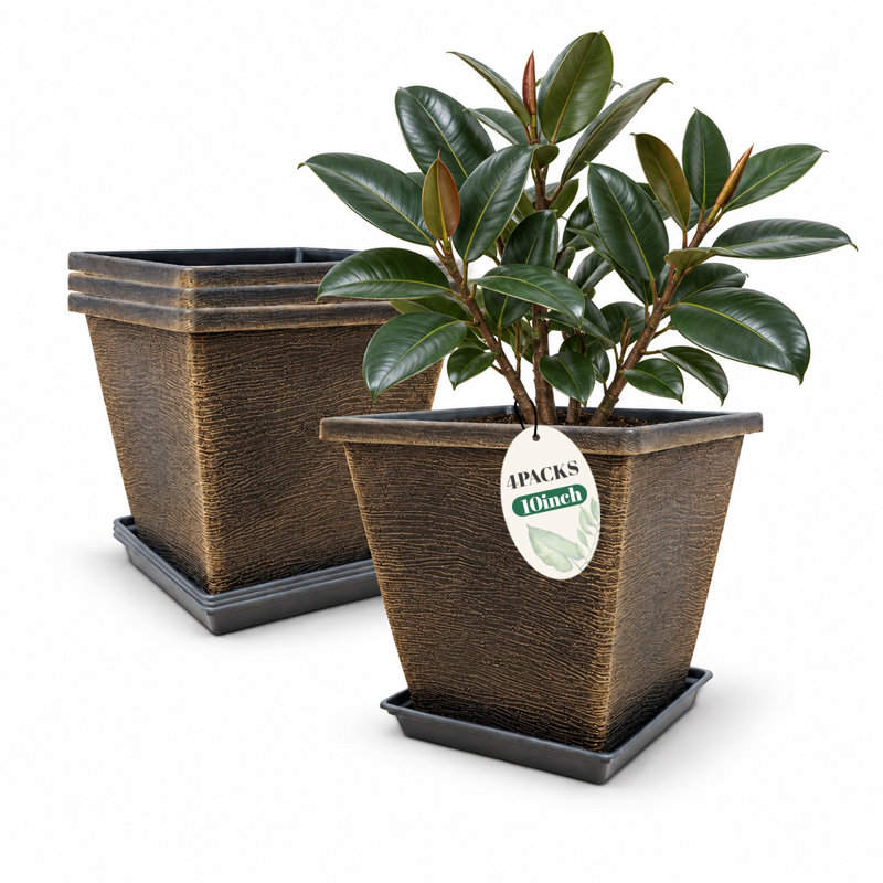 Pots à fleurs carrés 10 pouces avec soucoupes, or brossé, paquet de 4, Or brossé, 4