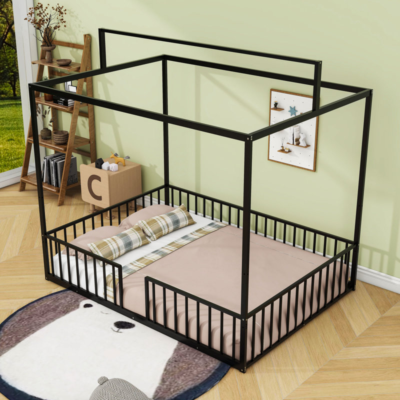 Metal Platform Bed With House-Shaped, Black, Full