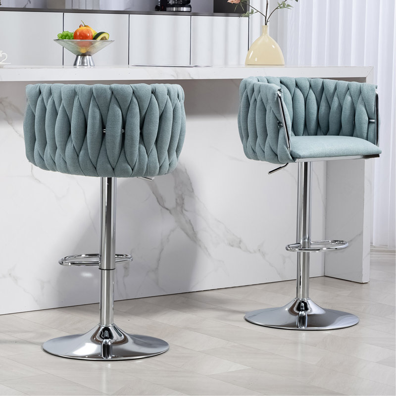 Ensemble de 2 tabourets de bar pivotants à 360 ° en tissu, chaises de bar réglables à hauteur de comptoir avec dossier tissé et repose-pieds, tabourets de bar chromés argentés pour îlot de cuisine, café, pub