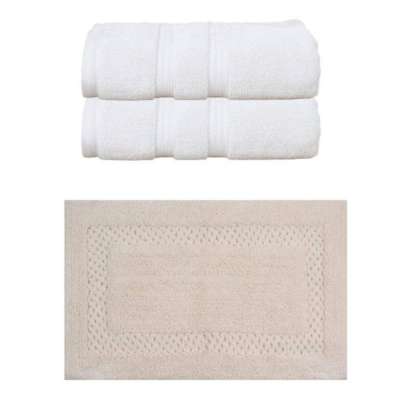 Bublitz Classy Bath Mat 100% Soft Cotton Bath Towel Set & Bath Rug, 2 Piece Bath Towel Set & 1 Piece 21"x34" Bath Rug, Ivory