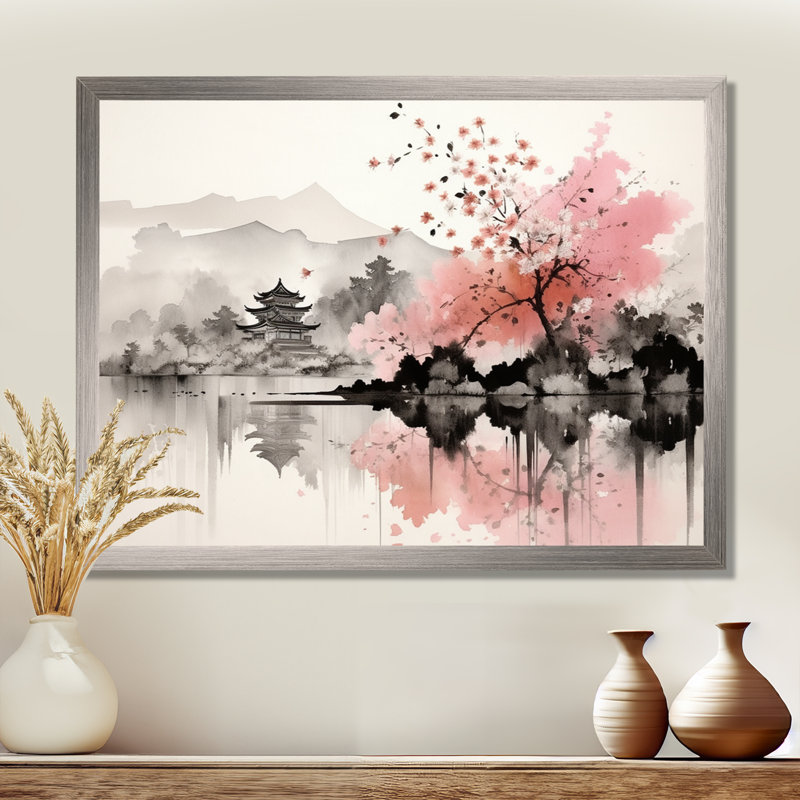 Art asiatique, lac Sumi III - art asiatique, art encadré, Cadre flottant blanc, H 24 po x l 32 po x P 1 po