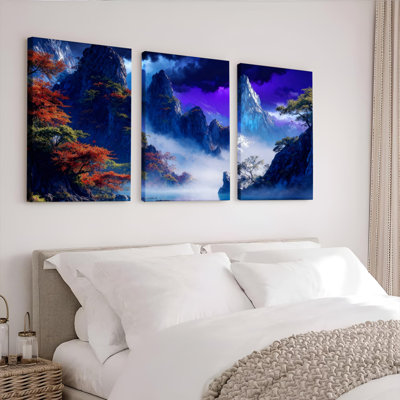 «Fantasy Mountain Landscape», reproduction d'art sur toile tendue sur toile (ensemble de 3)