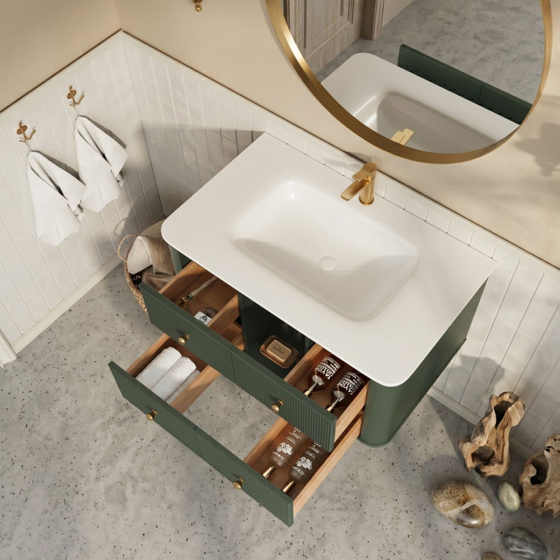 Meuble-lavabo mural simple 36 po avec lavabo en acrylique intégré, conception nervurée, deux ensembles de poignées (or et argent), vert sauge