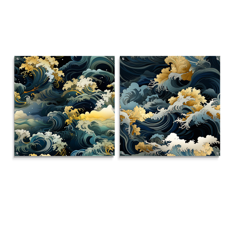 Motif de vagues japonaises Hokusai - ensemble d'art mural en verre acrylique côtier de 2, H 16 po x l 33 po