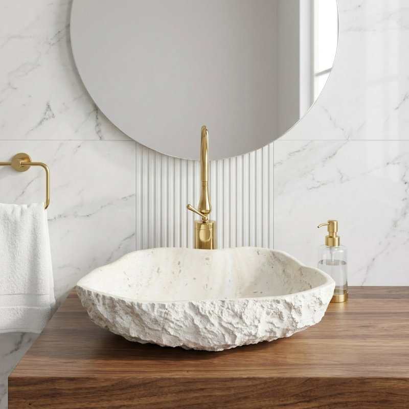 Lavabo de salle de bain vasque ovale à surface solide 19 "avec extérieur en pierre ciselée en gris et blanc moucheté