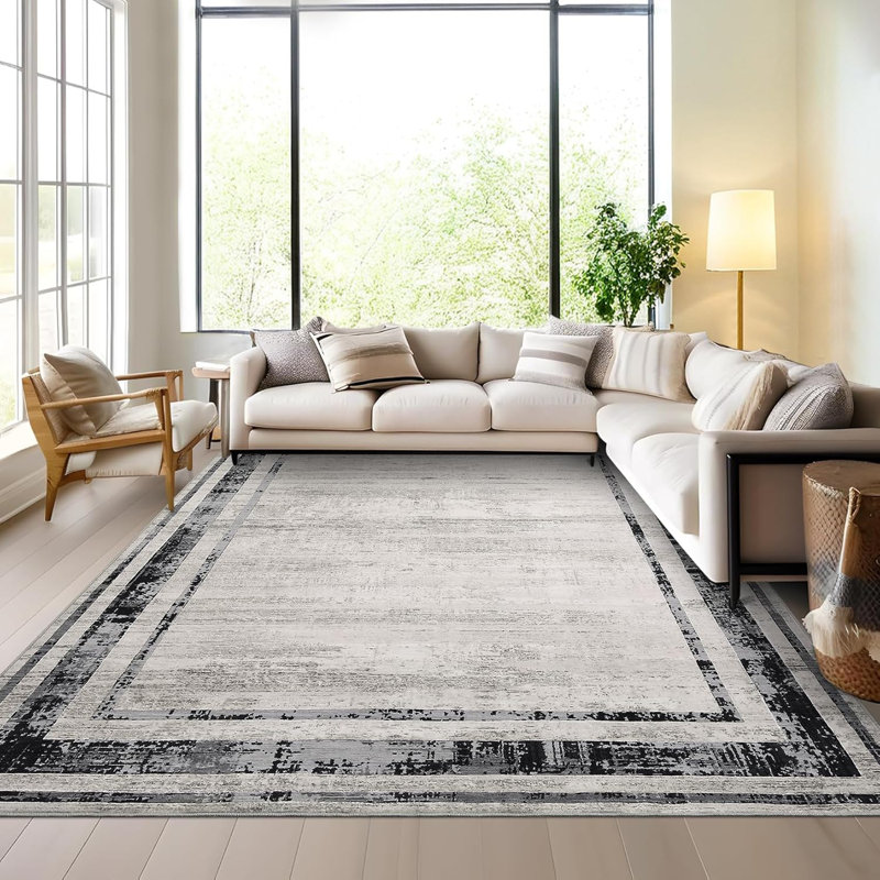 Washable Modern Distressed Edge Thin Indoor Rug, Low Pile Area Rug with Stain Resistant Surface, Non Slip Backing & Easy Clean for Living Room, Bedroom, Home Office, Entryway