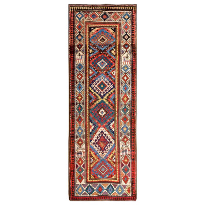 Tapis multicolore à motif géométrique antique de style Moghan des années 1890 de 3 pi 5 po x 9 pi 5 po