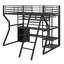 Lit mezzanine en métal pleine grandeur avec espace de travail intégré, garde-robe ouverte, éclairage DEL et solutions de rangement diverses