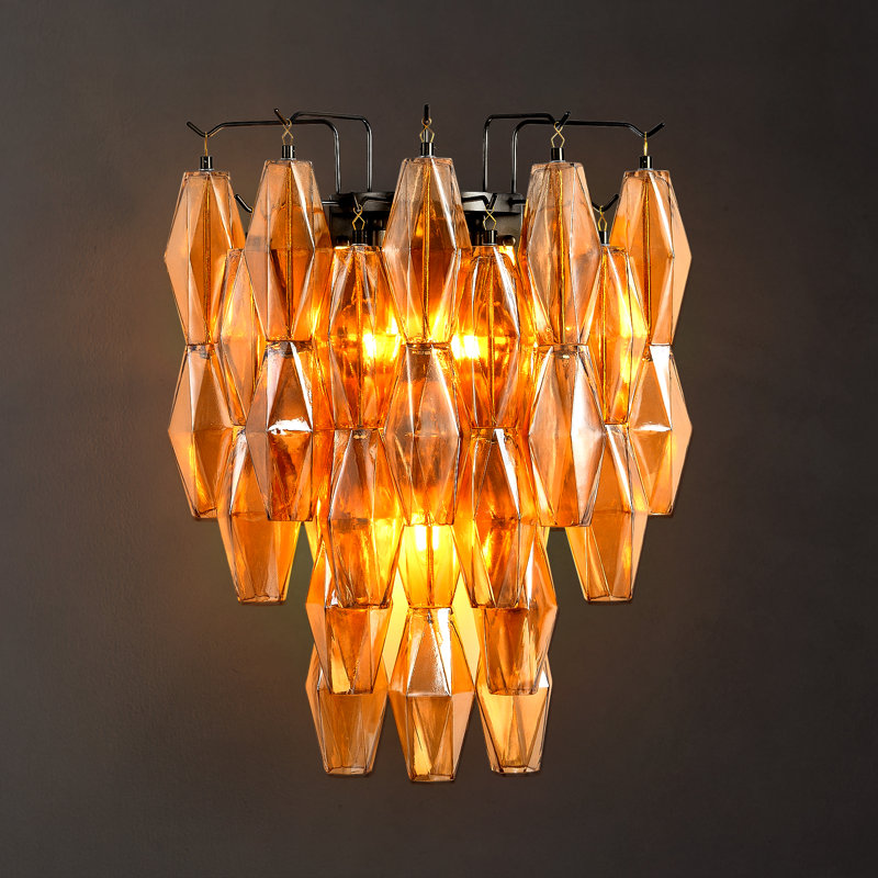 Fenella 3-Light Dimmable Iron Amber Glass Flush Mounted Sconce, Matte Black