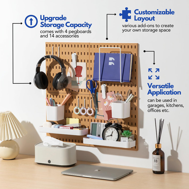 Organisateur mural de panneau perforé - Panneaux perforés en plastique, système de rangement modulaire pour bureau à domicile, salle d'artisanat, configuration de jeu (brun clair, 22 po x 22 po)
