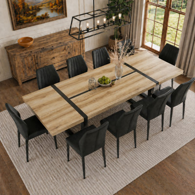 Farmhouse Industrial Dining Set, 86.6" Rectangular Table & Scalloped Faux PU Leather Chairs