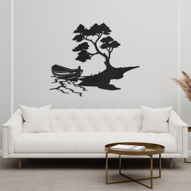 Art mural abstrait d'un bateau et d'arbres sur une île - ACM, Argent, H 26 po x l 32 po x P 0,25 po