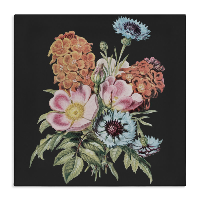 Étude de bouquet rétro sur toile noire, design par Dan Meneely, H 30 po x l 30 po