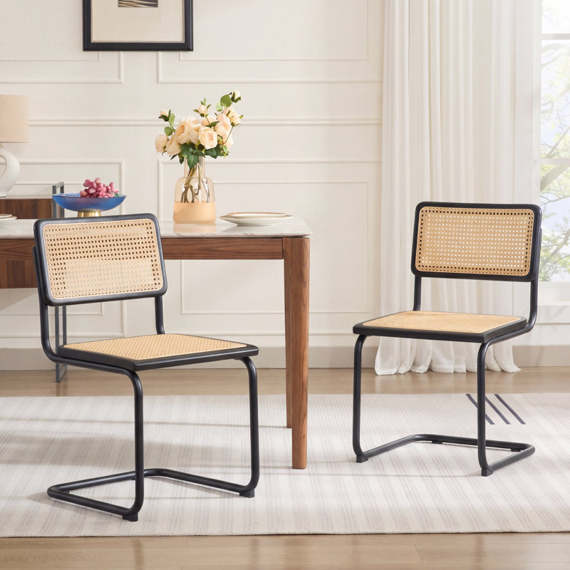 Crumley 18.1" H Mid-Century Modern Cantilever Dining Chair with Cane Back and Seat, Metal Frame, Natural/Black