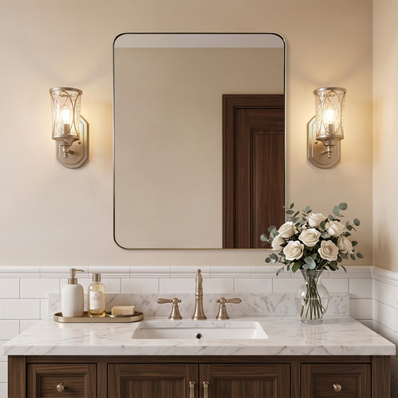 Miroir de salle de bain rectangulaire arrondi moderne Inse | Cadre en acier inoxydable, 30 po x 24 po, Bronze champagne