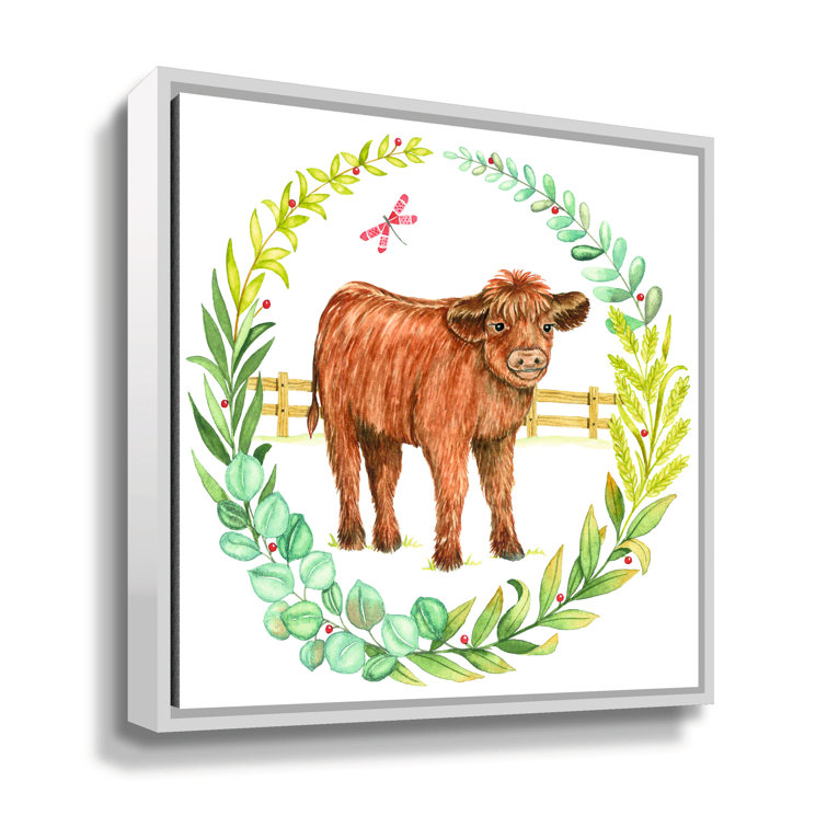 August Grove® Baby Highland Cow Wreath On Canvas Print