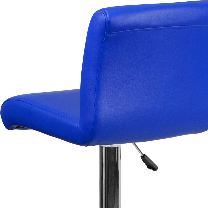 Contemporary Vinyl Adjustable Height Barstool with Rolled Seat and Chrome Base, Blue
