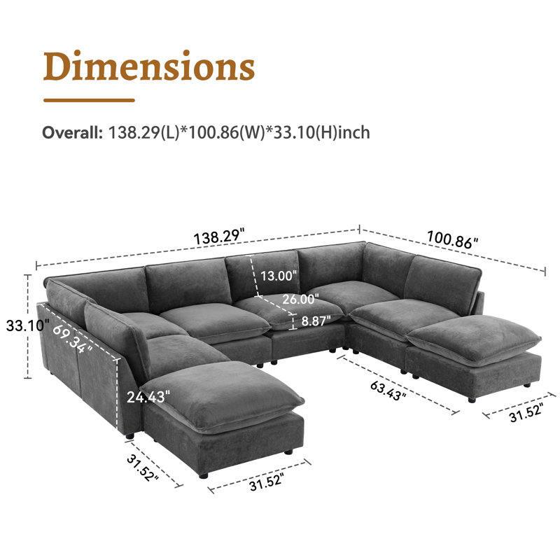 138.29” W Oversized 8-Seater Modular Sofa With Composable Design, Dark Gray Chenille, 8-seater