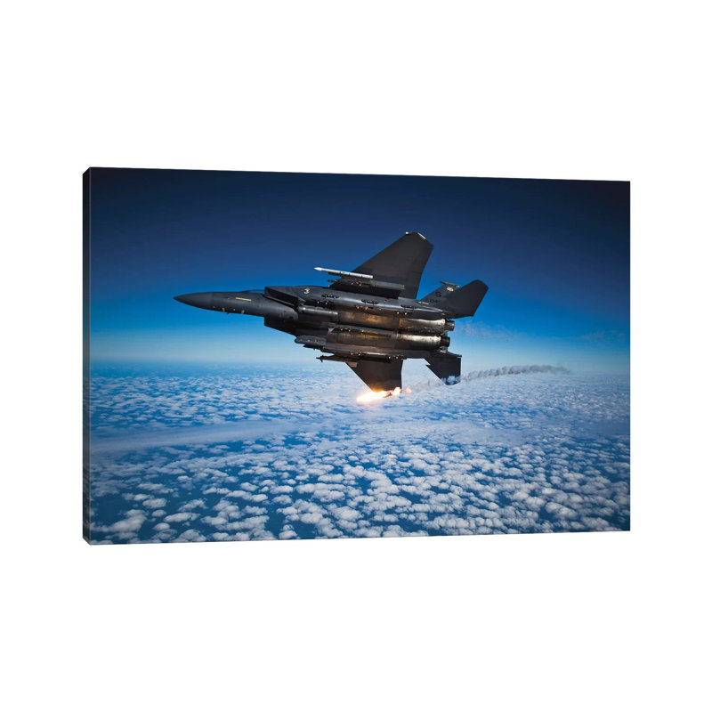 F-15E Strike Eagle Aircraft Releases Flares I - Wrapped Canvas Print, 20.32 cm H x 30.48 cm W