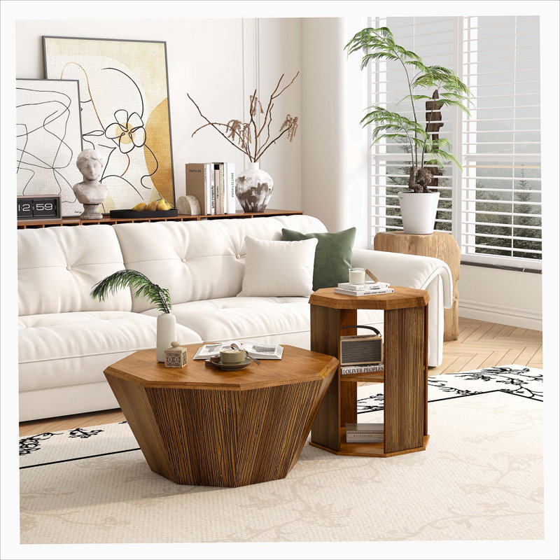 31.5 "Octagonal Log Colour  Rubber wood Set of Two Coffee Table, Coffee Table