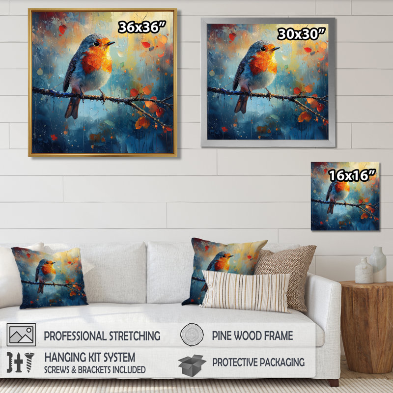Oiseau Robin dans la rosée du matin - Art mural oiseau, Reproduction encadrée d'une seule photo, Argent argent