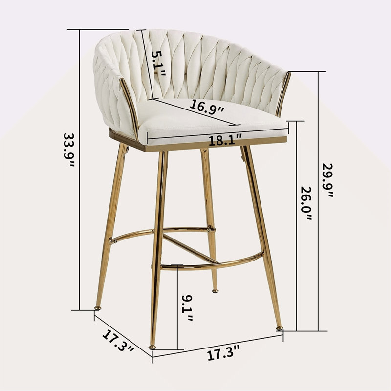 Ensemble de 2 tabourets de bar à hauteur de comptoir, tabouret de bar en velours pour îlot de cuisine avec dossier ondulé à la main, base chromée dorée et repose-pieds